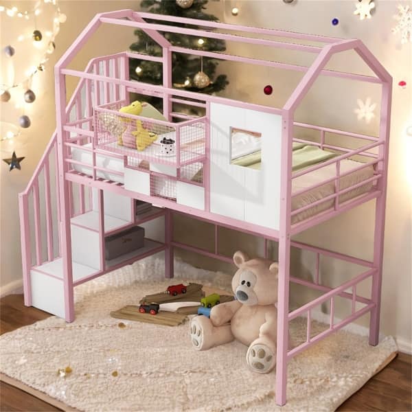 slide 2 of 22, Metal Twin Loft Bed with Roof Design and Storage Box, Pink Pink
