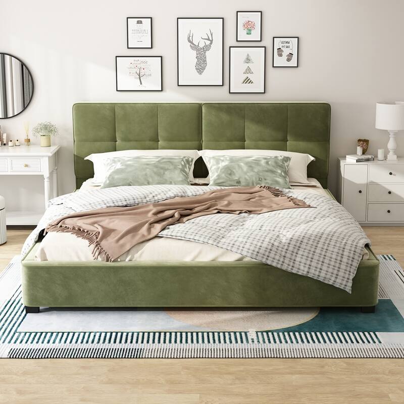 Upholstered Platform Bed with Curved Tufted Headboard - Olive Green - King