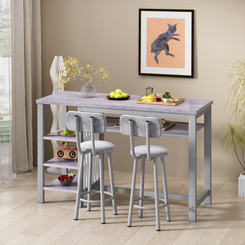 3-Piece Dining Room Table Set with 2 Upholstered Bar Stools, Modern Farmhouse Bar Table Set for 2 with Multiple Tier Shelves