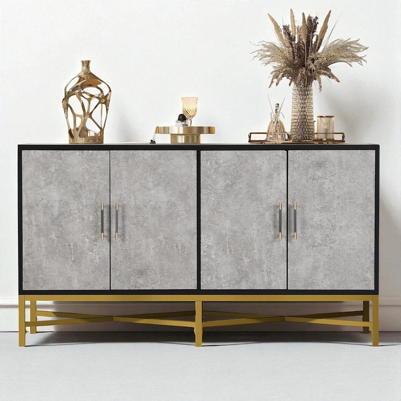 Four-Door Sideboard with Metal Frame and Cross-Leg Design, 62.20" Storage Cabinet for Modern Decor - Antique Grey