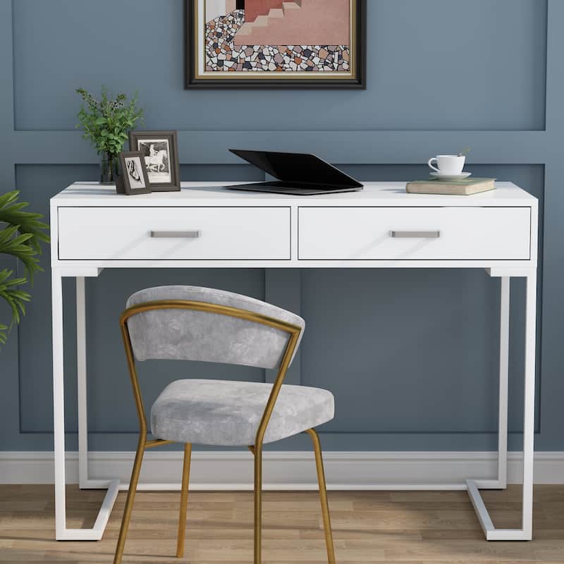 40 Inches Computer Desk White and Gold Desk with 2 Drawers - White
