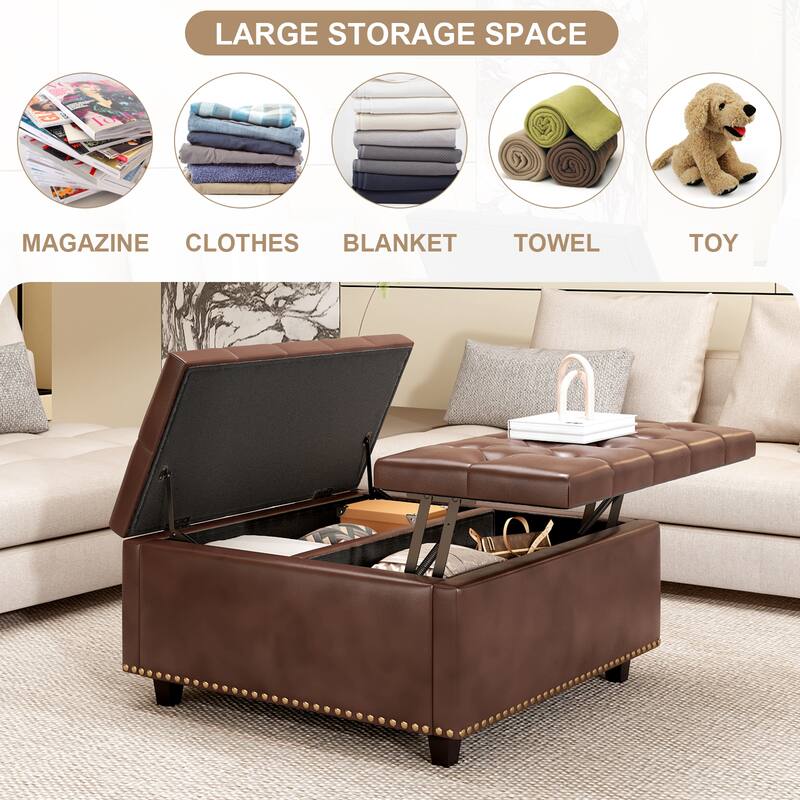 PU Leather Oversized Storage Square Ottoman, Mid-Century Modern Style