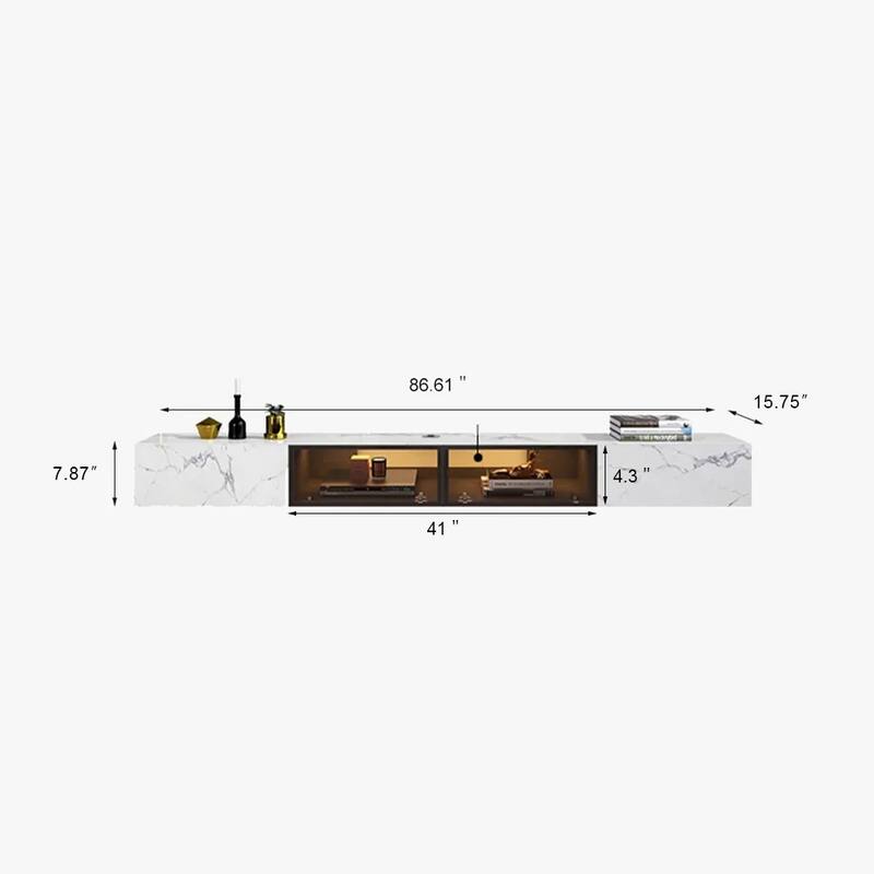 Floating Wall Hung TV Stand, Modern Hanging TV cabinet with Motion Sensor LED, 4 Flip-down Doors, White Stone