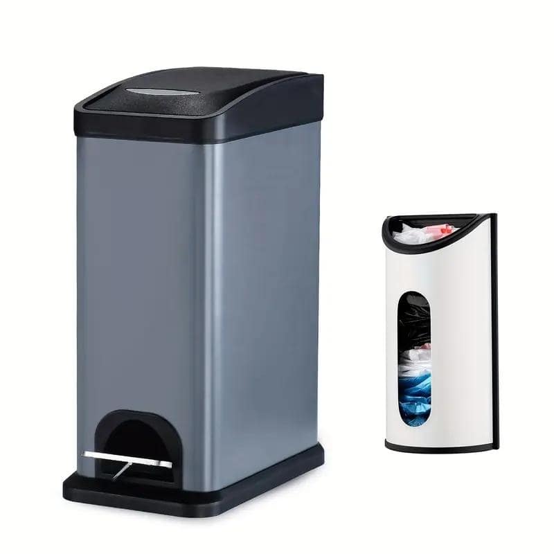Innovaze 2 gal/ 8 Liter Carbon Steel Slim Garbage Can with Lid and Stainless Steel Plastic Bag Saving Set for Bathroom