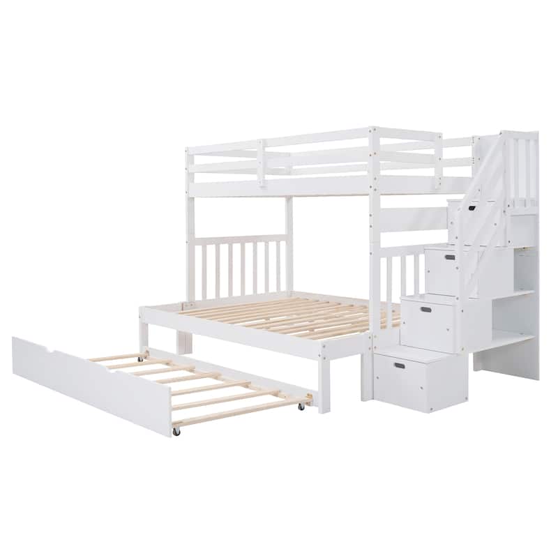 Twin Over Full Bunk Bed with Trundle and Storage Stairs Solid Pine Wood Frame