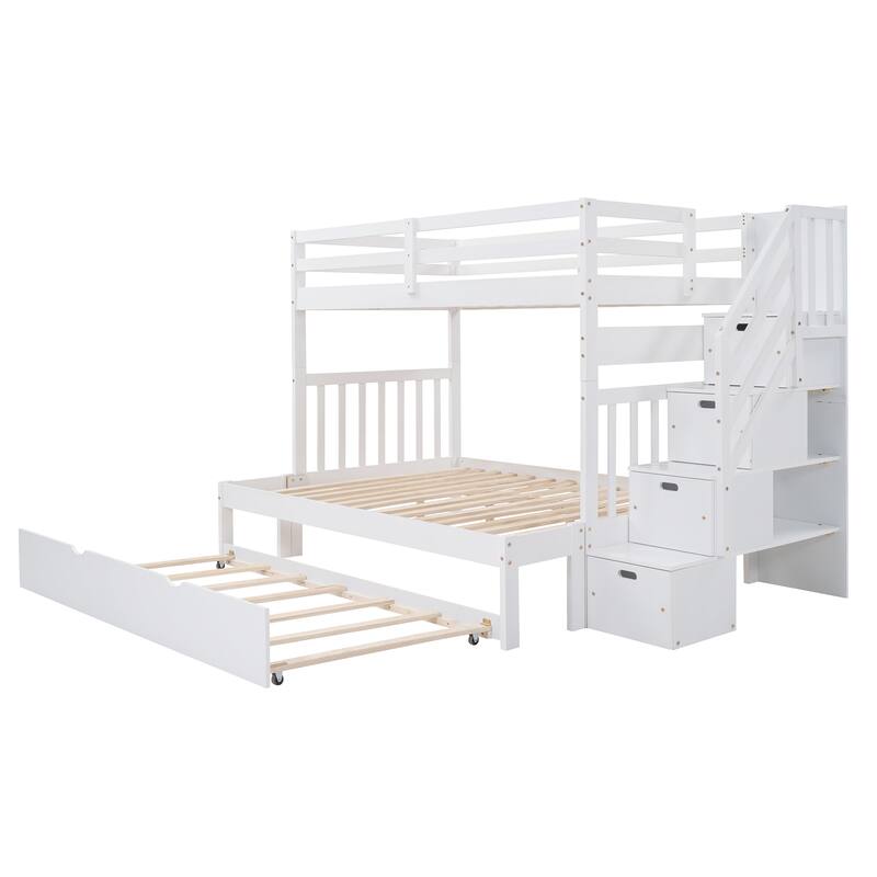 Twin Over Full Bunk Bed with Twin Trundle and Storage Stairs, Space-Saving Design, No Box Spring Needed