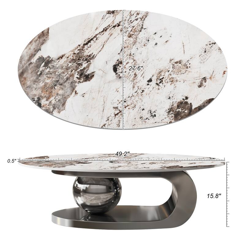 Modern Oval Coffee Table End Table with Sintered Stone Top, Accent Table with Veining and Central Ball Support