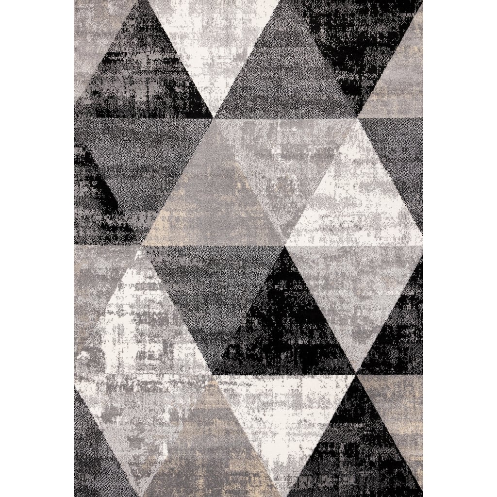 Covington Collection - Grey/Beige/Cream Distressed Triangles Rug, 3'11" x 5'7"