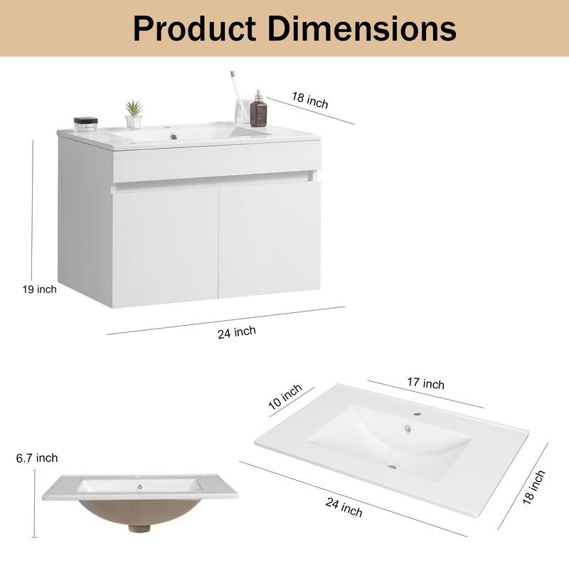 24 in. W x 19 in. D x 20 in. H Wall Mounted Bathroom Vanity with White Ceramic Basin,2 Soft Close Cabinet Doors
