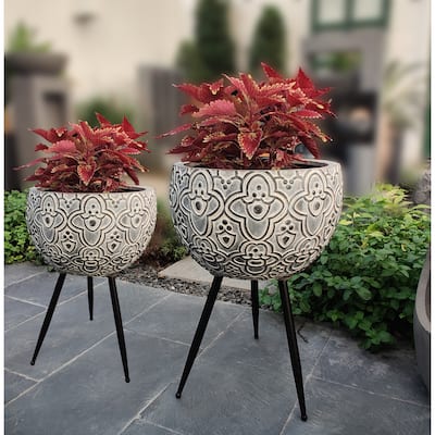 Grey MgO Floral Planters with Black Metal Legs (Set of 2)