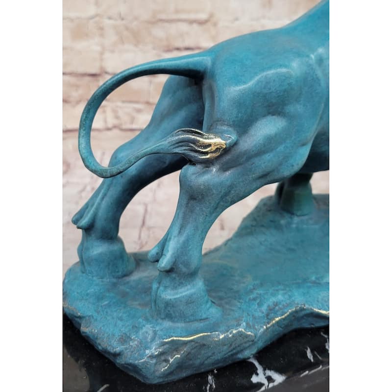 Charging Bull Hot Cast Bronze Figure W/ Blue Green Patina On Marble Base By Milo