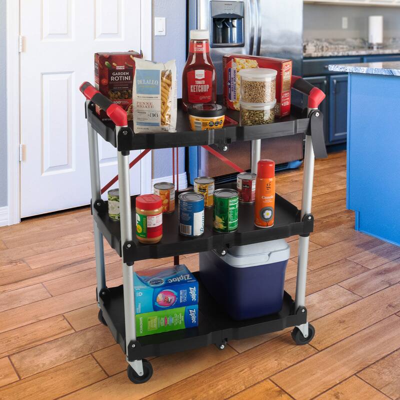Collapsible Cart - Lightweight Folding Service Cart with 50lb Capacity Per Shelf - Foldable Cart with Wheels by Stalwart