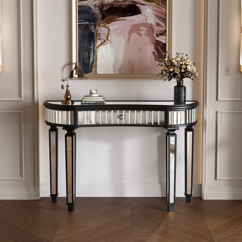 Half-Moon Entryway Table Mirrored Console Table Fluted Glass Vanity Desk with Curved Drawer and Crystal Knob for Living Room