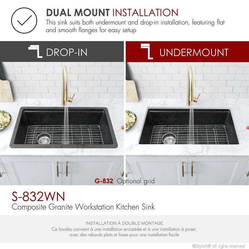 Dual mount 32 inch Black Composite Granite Single Bowl Workstation Kitchen Sink