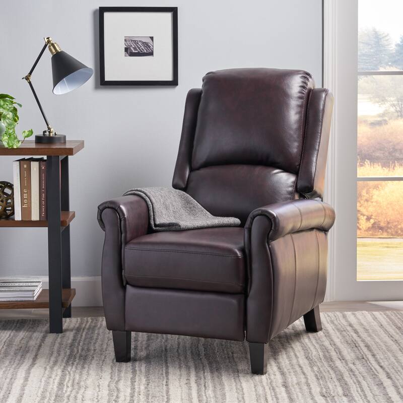 Roomfitters Faux Leather Push-Back Recliner Chair with Rolled Arms and Tapered Legs, Classic Lounger for Living Room, Dark Brown - Dark Brown