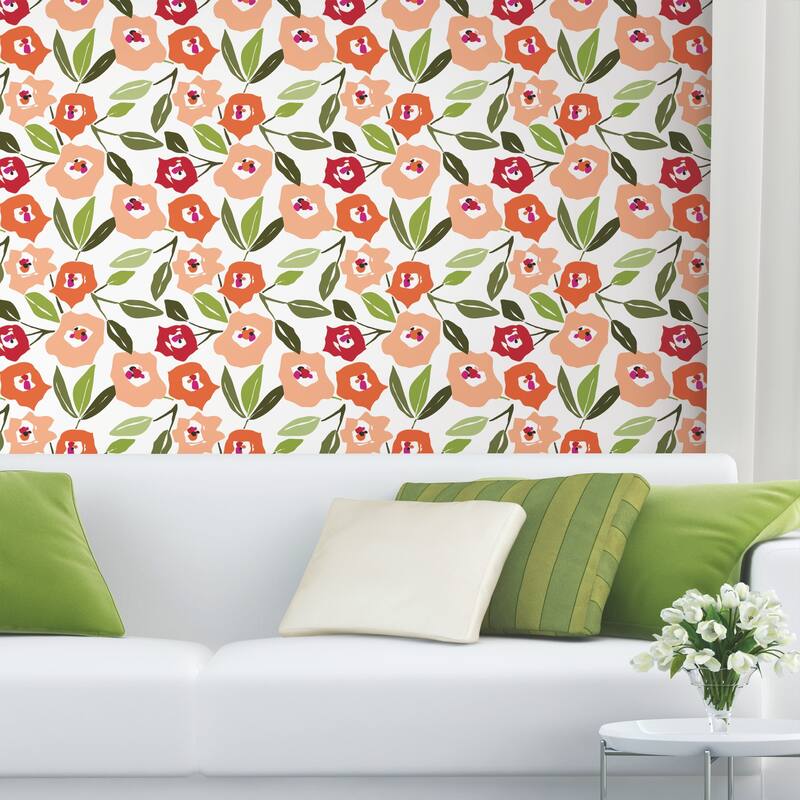 Pink & Green Block Print Blooms Peel & Stick Wallpaper On Sale Bed