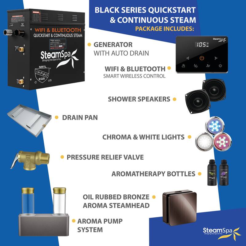 Black Series 7.5KW Steam Bath Generator with Wireless Remote, Bluetooth, WIFI, and Dual Aroma Pump - 7.5 KW