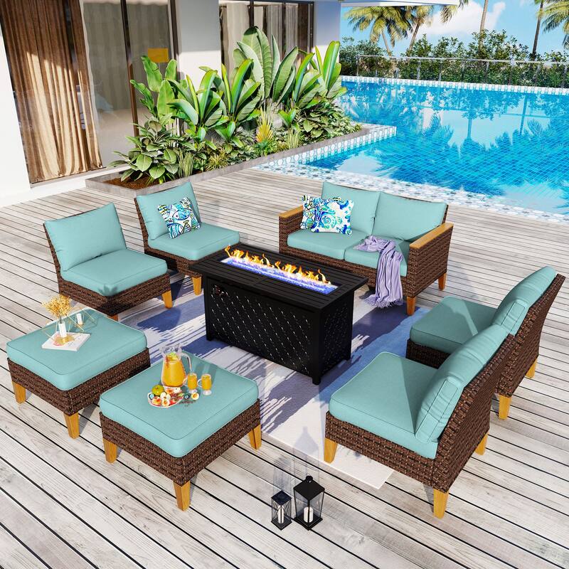 8-Piece Patio Outdoor Wicker Sectional Sofa Set, Large Seating Furniture Conversation Sets with Fire Pit Table