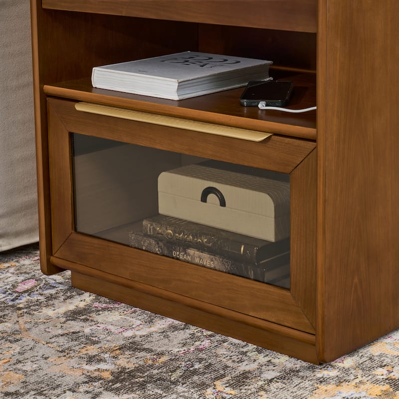 Mid-Century Modern Nightstand with USB Charging Station‌ - End Table Featuring 2 Drawers, Open Shelf & Glass-Front Cabinet