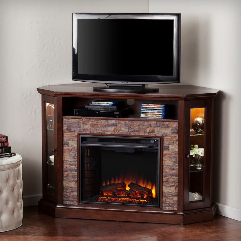 SEI Furniture Hermon Faux Stone Electric Fireplace Corner Media TV Stand for TV's up to 50"