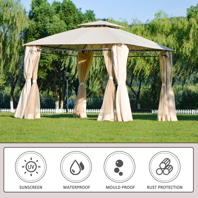 127"W x 127"D Square Quality Double Tiered Grill Canopy, Outdoor BBQ Gazebo Tent with UV Protection, Beige