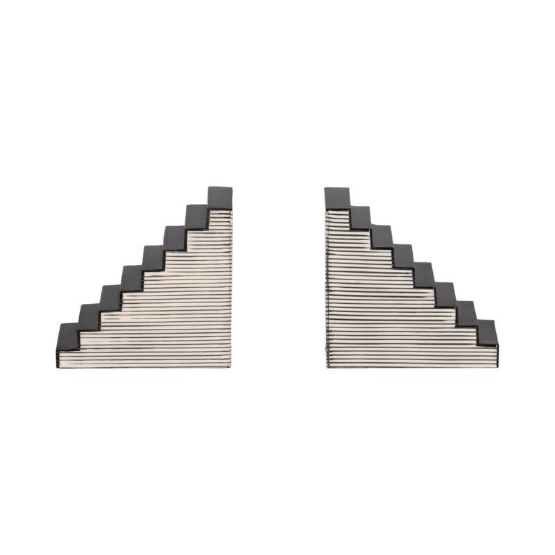 Decorative Striped Stair-Step Bookends - Set of 2, 6", Black & White - 6.0"