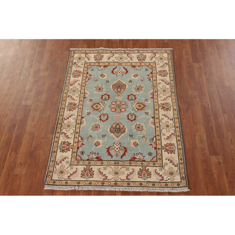 Light Blue Kazak Accent Rug Handmade Oriental Wool Carpet - 3'4"x 4'10"
