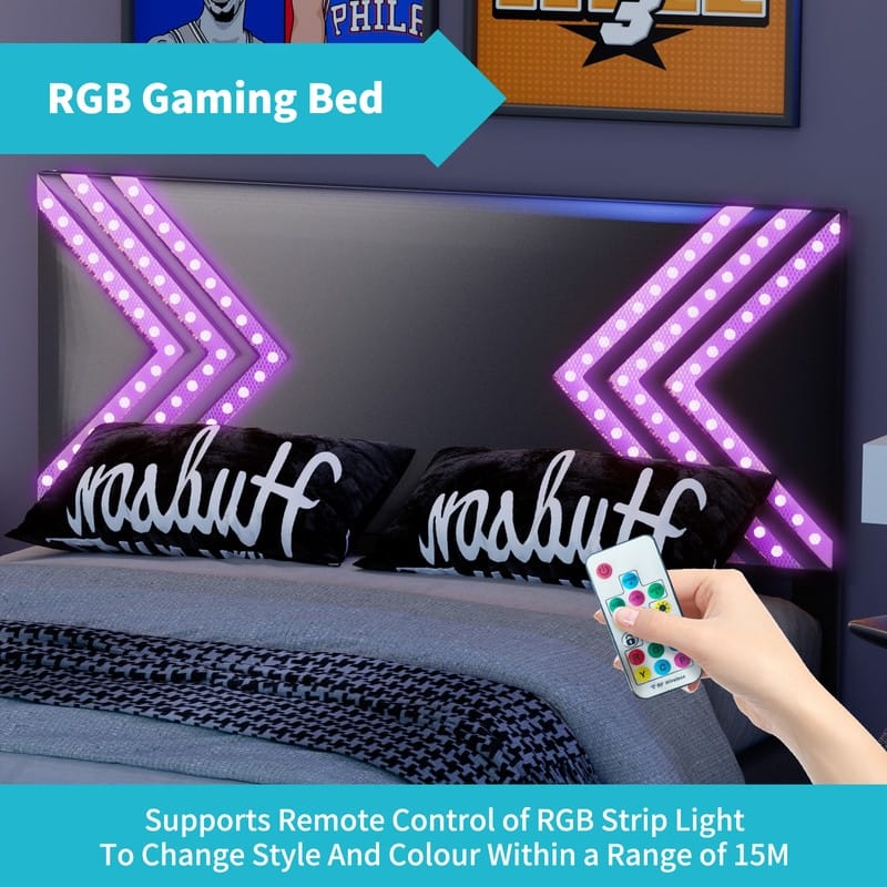 Mixoy Gaming Bed with Lights,Boys LED Bed Frame,Black PVC Leather Upholstered Headboard,Bed Frame for Gamers