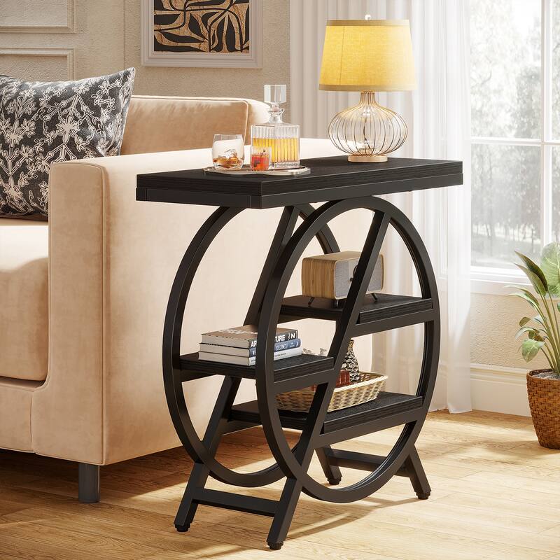 Narrow End Table, Side Table with Storage and Geometric Metal Frame