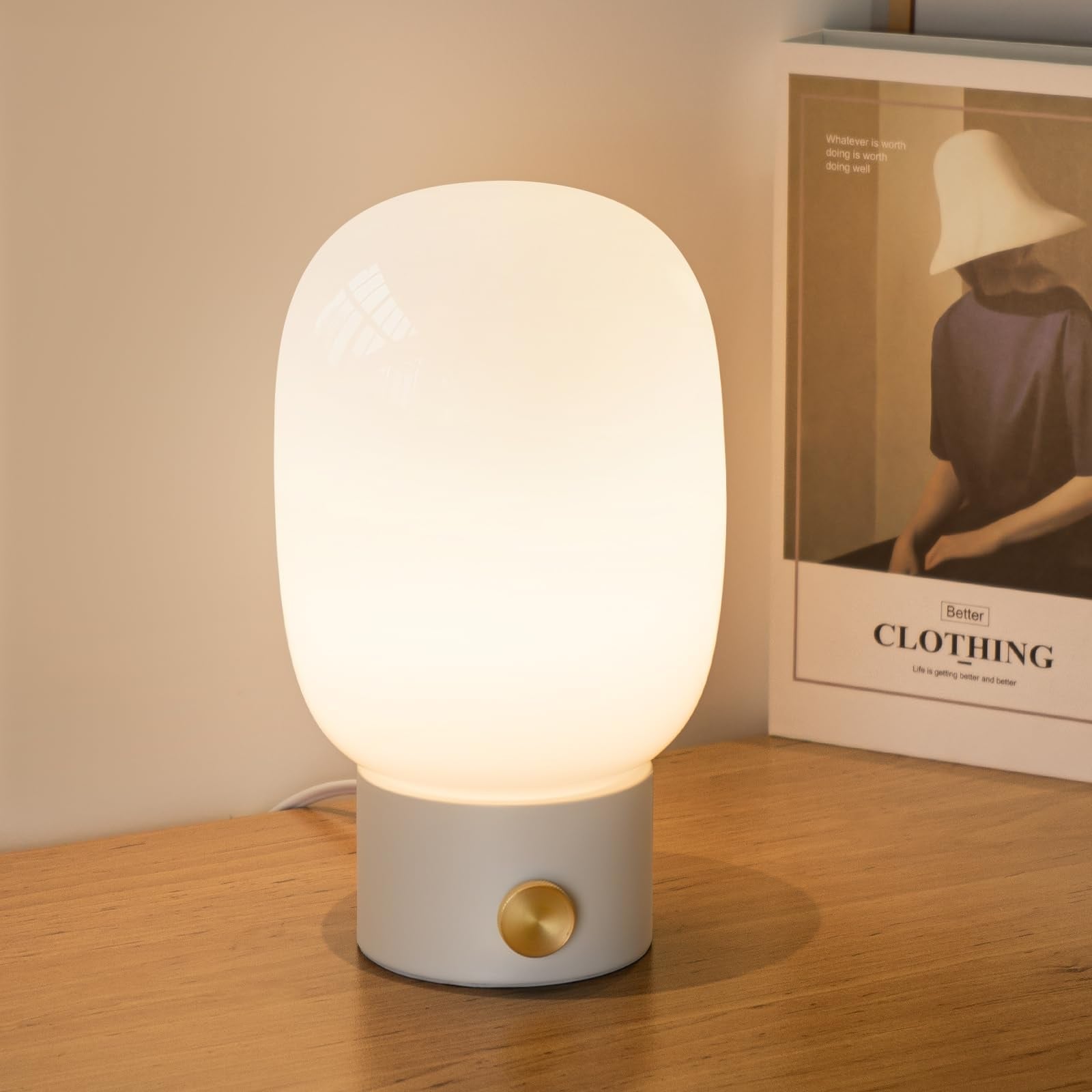 Bedside Table Lamp Nightstand Light Fully Dimmable Modern Small Desk Lamp with Warm LED Bulb Rotary Switch Glass Lamp