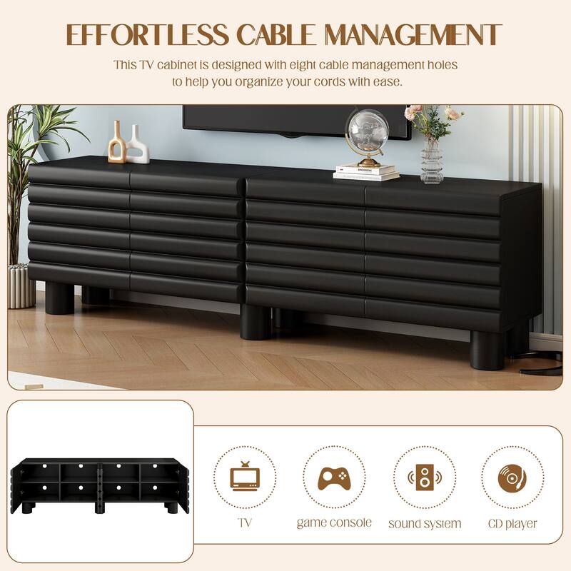 75 inch TV Stand Media Console with 4 Cabinets, Cream Wavy Door Cabinet with Cylindrical Legs & Cable Management