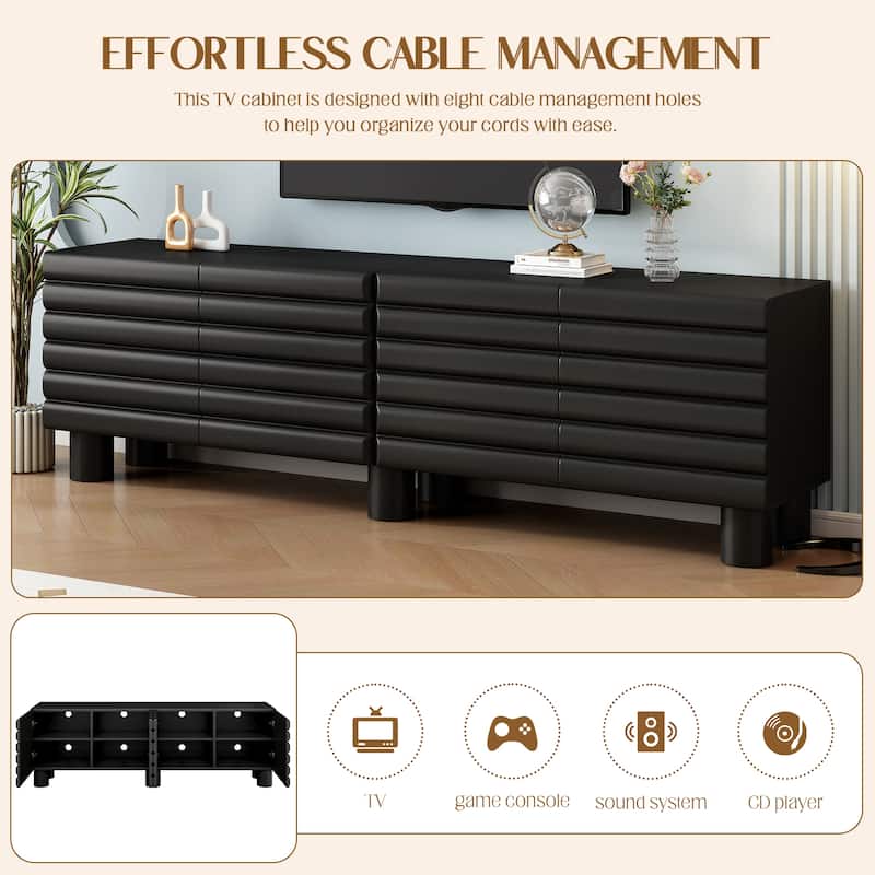 Stylish Wavy Door TV Stand with 4 Cabinets, Adjustable Shelves & Cable Holes, Solid Color Media Console for TVs Up to 75"