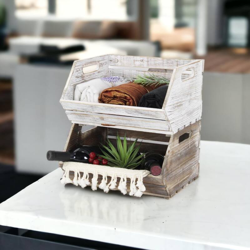 Natural Brown Wood Slat Stackable Storage with Side Handles - N/A