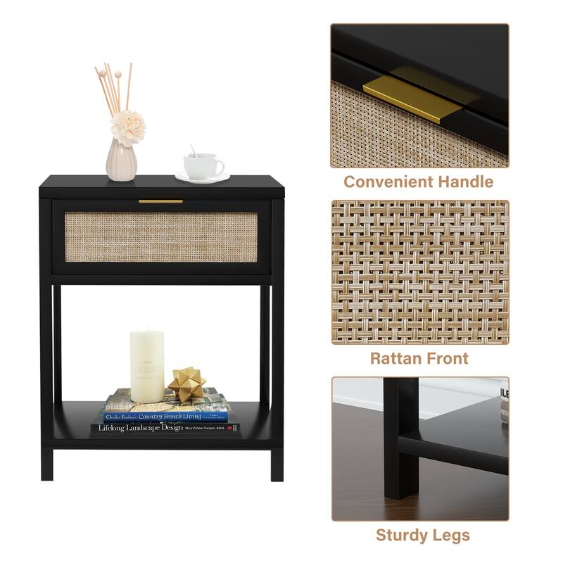 Anmytek 24" H Mid-Century Modern Wood Nightstand End Table with Storage Drawer and Open Shelf Rattan Bedside Table
