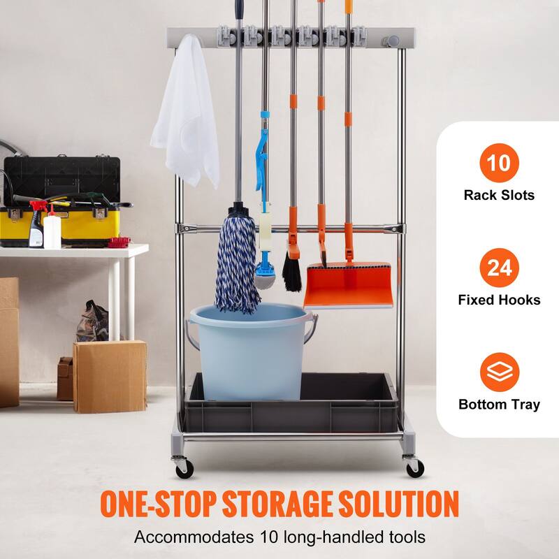 Silver Stainless Steel 10 Slots Garden Tool Organizer Rack with 4 Fixed Hooks and 4 Swivel Wheels - 48.9 x 20 x 26 in