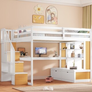Full Size Loft Bed with Desk and Shelves, 2 Built-in Drawers, Storage Staircase, White and Natural