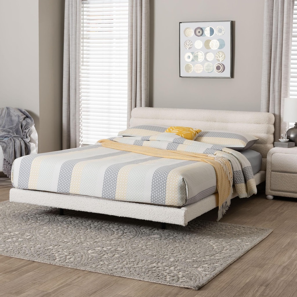 Alfie Boucle Floating Bed with Channel Tufted Headboard - Low Profile Minimalist Platform Bed Frame