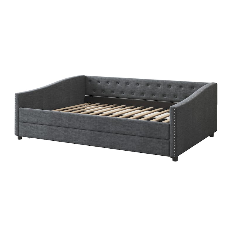 Dark Grey Full Size Tufted Daybed with Copper Nails on Waved Arms