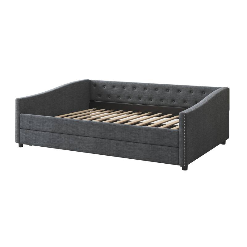Linen Tufted Daybed with Trundle, Upholstered Platform Sofa Bed Frame, Wooden Slat Support
