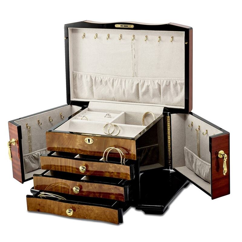 Curata High Gloss Bubinga Veneer W/Elm Burl Inlay 3-Drawer Swing-Out Sides Locking Wooden Jewelry Box