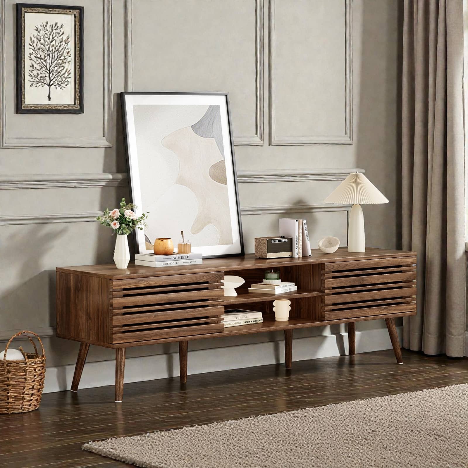 TV Stand for TVs up to 70", Fluted Wood Media Console with Storage Cabinets and Open Shelves for Living Room