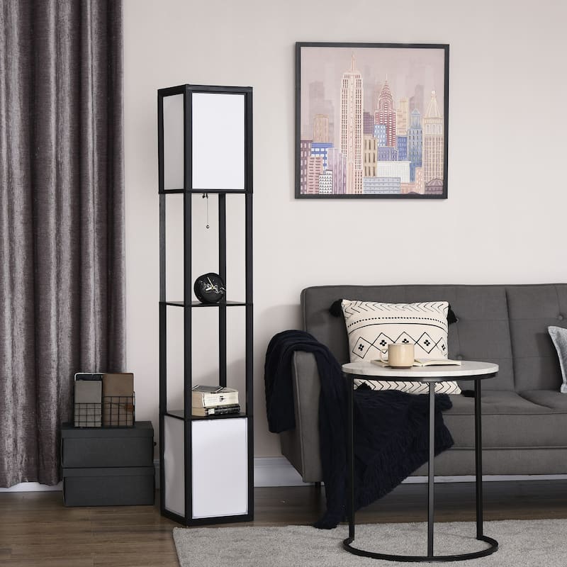 HOMCOM Floor Lamp with Shelves, Dual Light, Modern Tall Standing Lamps, with Fabric Lampshade (Bulb not Included)