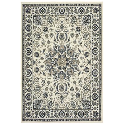 Lowell Ivory Navy Oriental Medallion Outdoor Traditional Area Rug