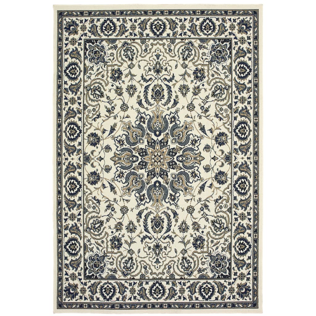 Lowell Ivory Navy Oriental Medallion Outdoor Traditional Area Rug