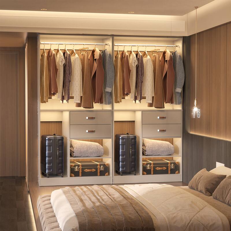 Set of 2 Freestanding Closet Organizer with Hanging Rods and Drawers, Closet System for Walk-in Closet - Grey