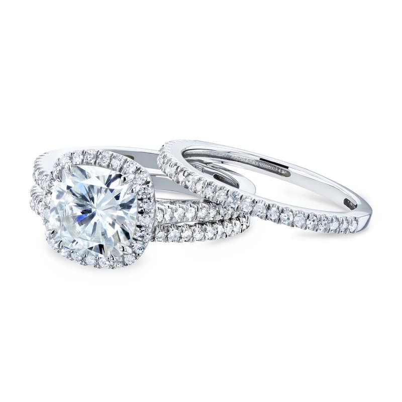 Kobelli 2.5 Carats Moissanite & Natural Diamond 14k Solid Gold Raised Cushion Halo Eternity Bands Capri 3pc Bridal Set