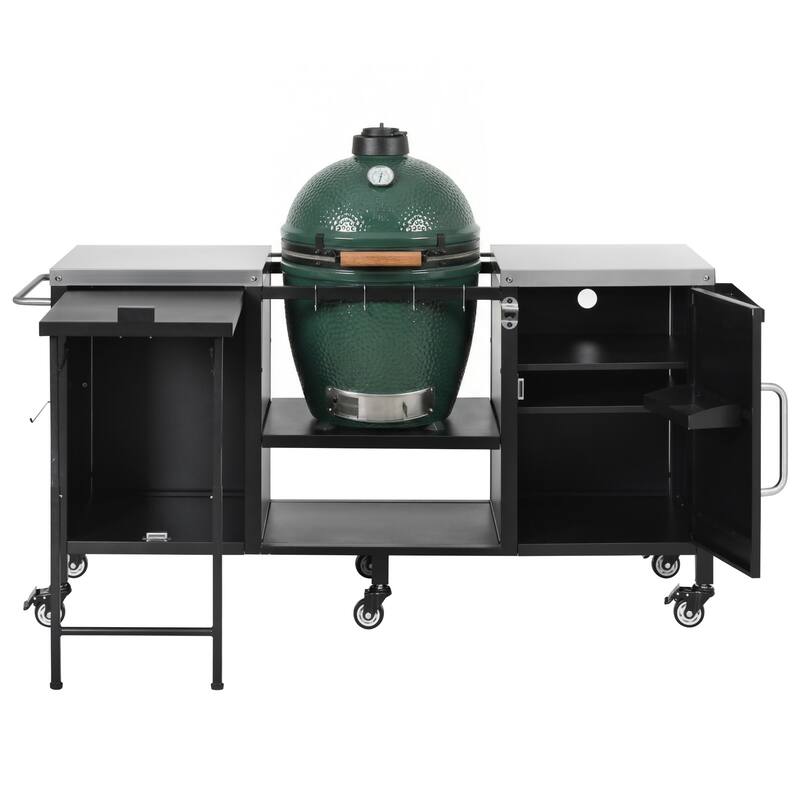 72.4"Large Grill Table for Large Big Green Egg,Metal Outdoor Grill Cart with Fold-out Prep Table,Adjustable Shelves,Spice Rack