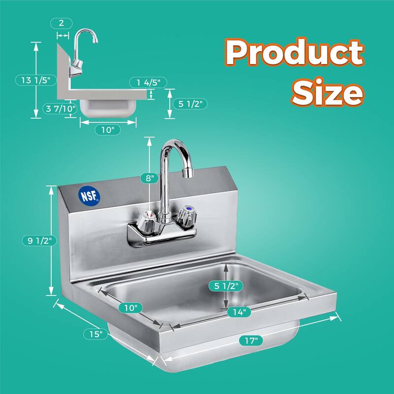 304 Stainless Steel Wall Mounted Hand Sink. NSF Certified.Durable & Easy to Install. Commercial Grade