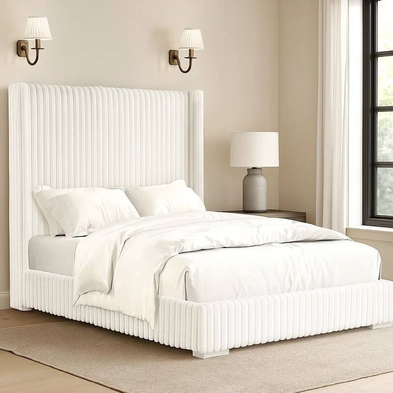 Wolo King Size Bed, White Channel Tufted Fur Chenille Upholstery