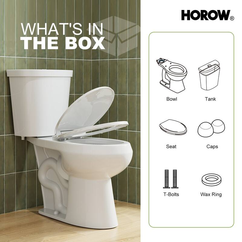 HOROW 17 Inch ADA Chair Height 2 Piece High Efficiency Dual Flush Round Toilet White 1.28 GPF Strong Flush Soft Close Seat